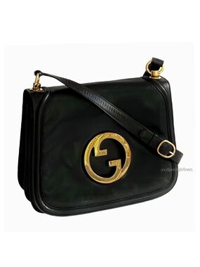 Vintage Gucci Blondie 1970s Black Leather Accordion Shoulder Bag Interlocking GG